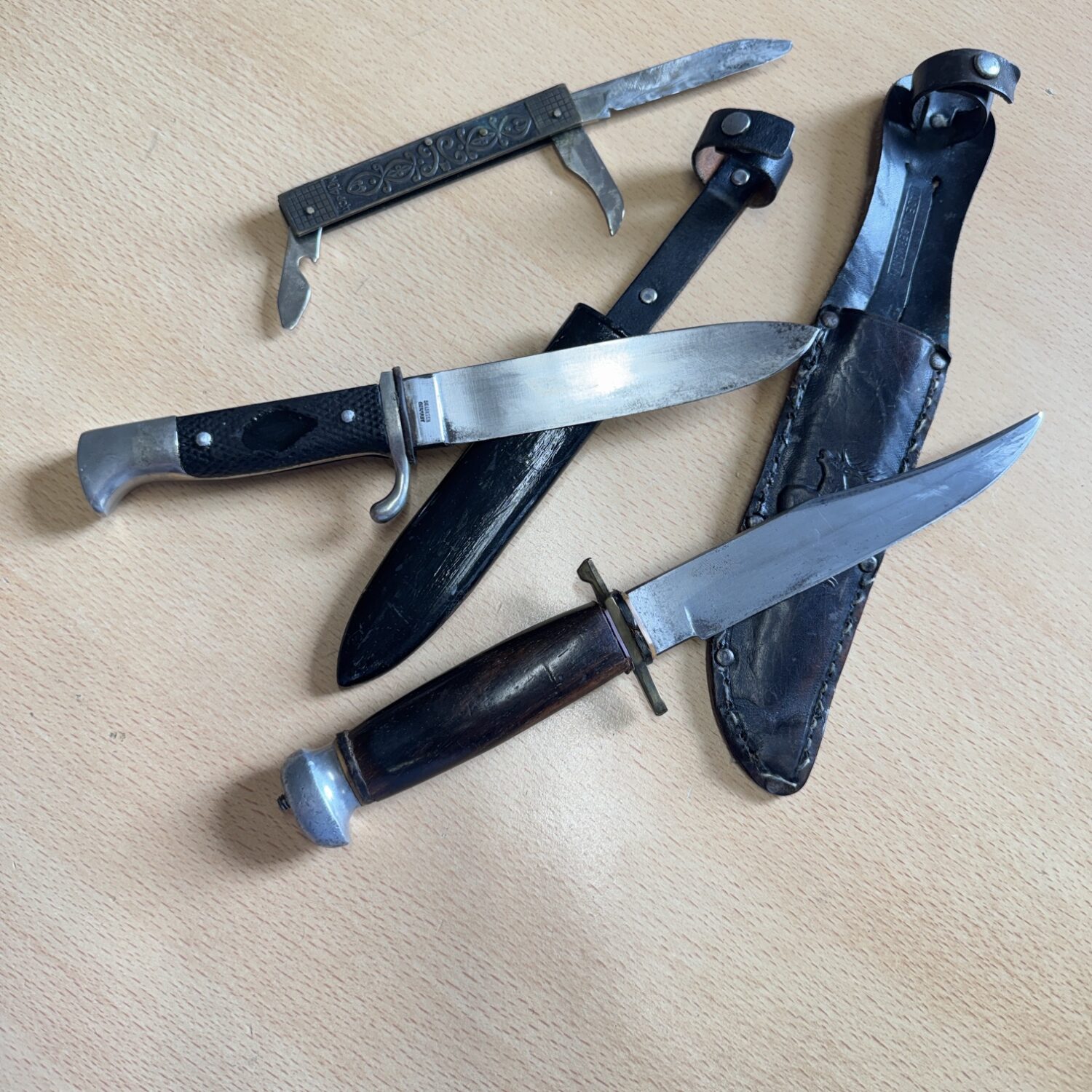 "Original Bowie" & a Flat Grind German Scout knife Together with a folder.
